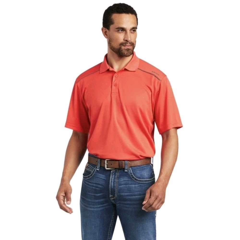 NEW Ariat Men L TEK 2.0 Short Sleeve Polo Shirt Coral Red Casual Golf Business